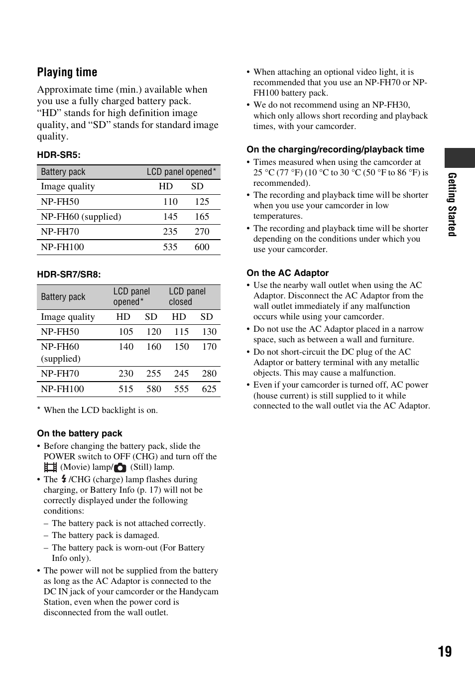 Playing time | Sony HDR-SR5 User Manual | Page 19 / 118
