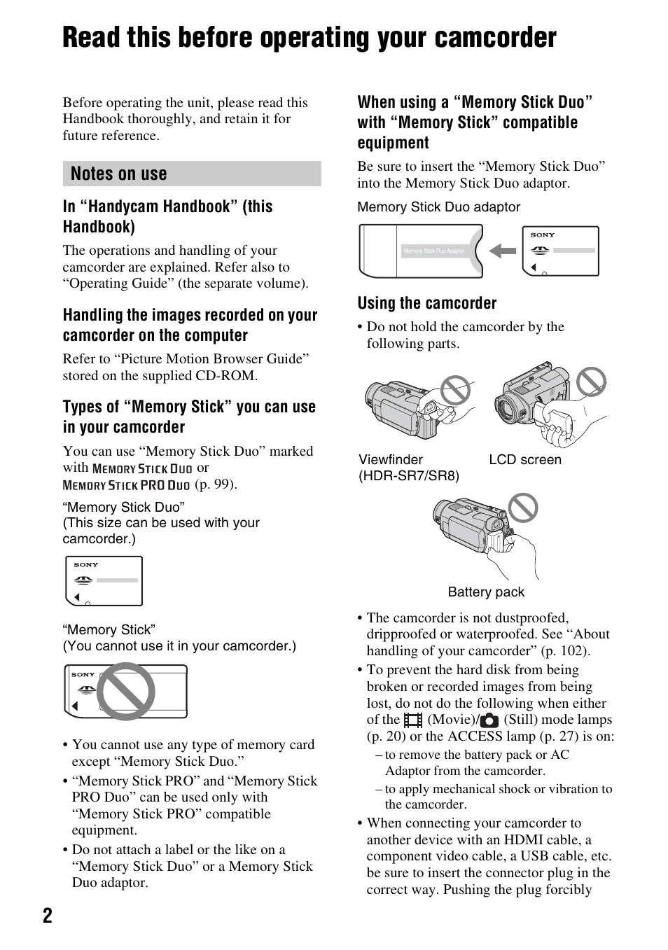 Read this before operating your camcorder | Sony HDR-SR5 User Manual | Page 2 / 118