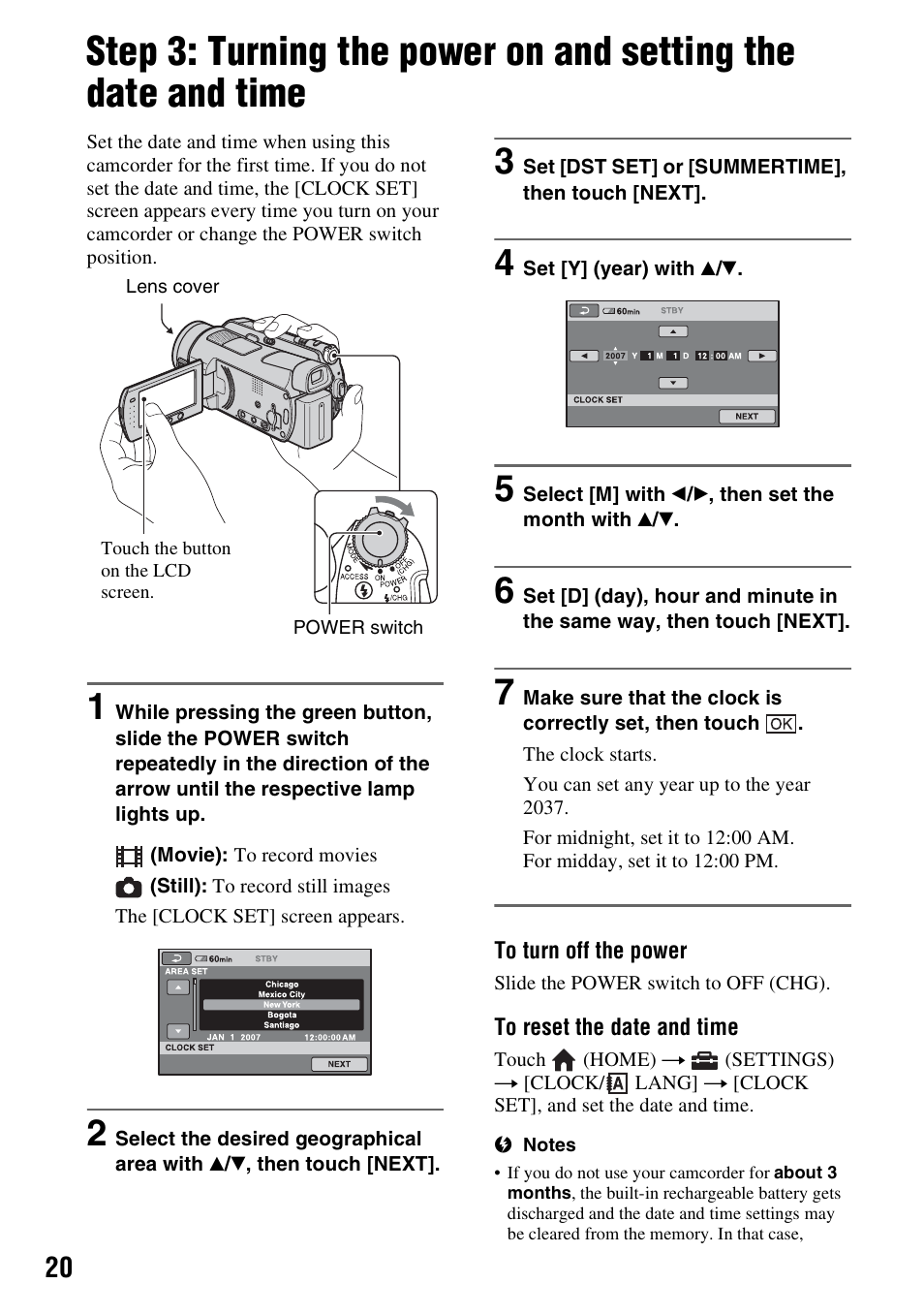 P. 20) or t, Step 3: turning the power on and, Setting the date and time | Sony HDR-SR5 User Manual | Page 20 / 118