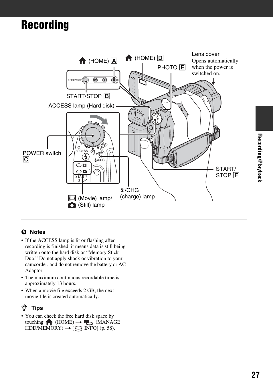 Recording, P. 27) i | Sony HDR-SR5 User Manual | Page 27 / 118
