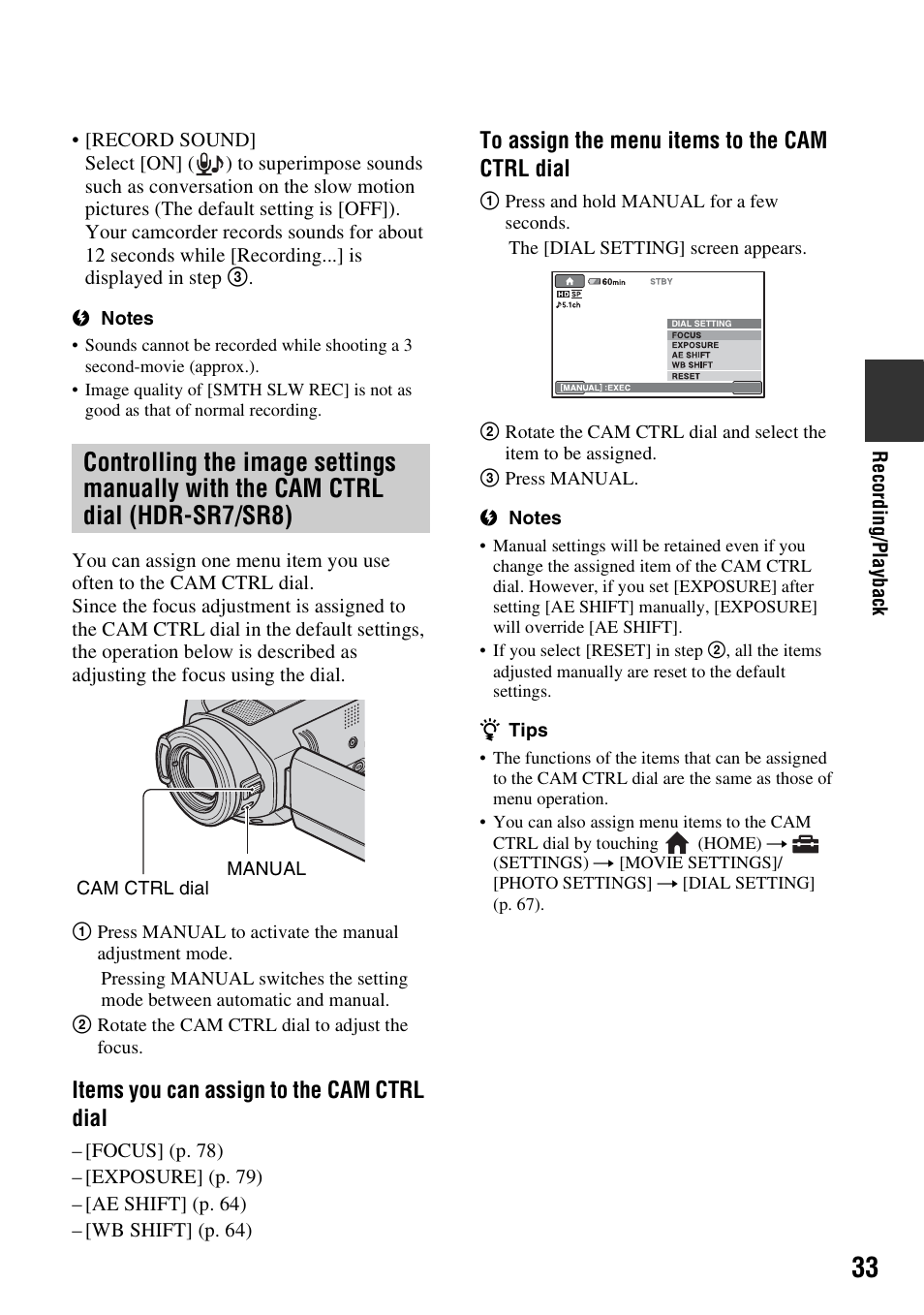 Controlling the image settings, Manually with the cam ctrl dial (hdr-sr7/sr8), Items you can assign to the cam ctrl dial | Sony HDR-SR5 User Manual | Page 33 / 118