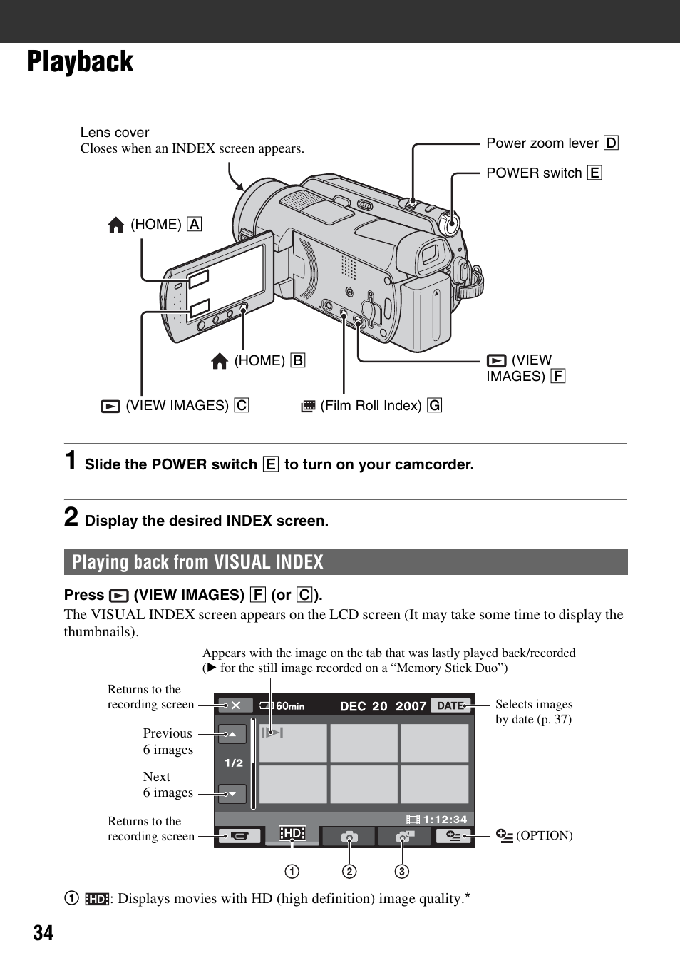 Playback, P. 34), Playing back from visual index | Sony HDR-SR5 User Manual | Page 34 / 118