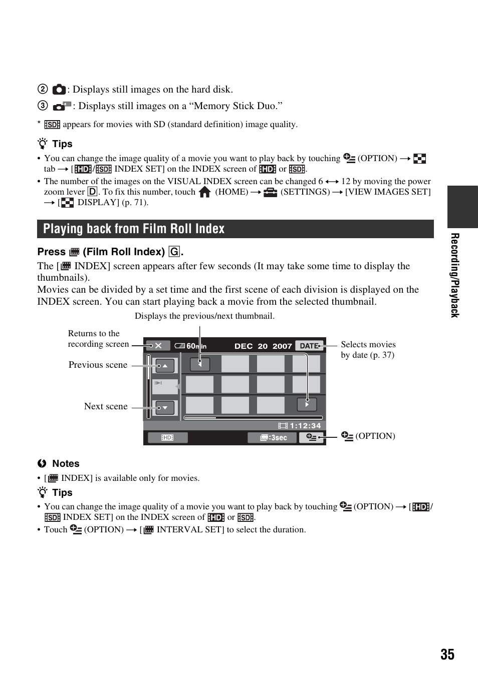 Playing back from film roll index | Sony HDR-SR5 User Manual | Page 35 / 118
