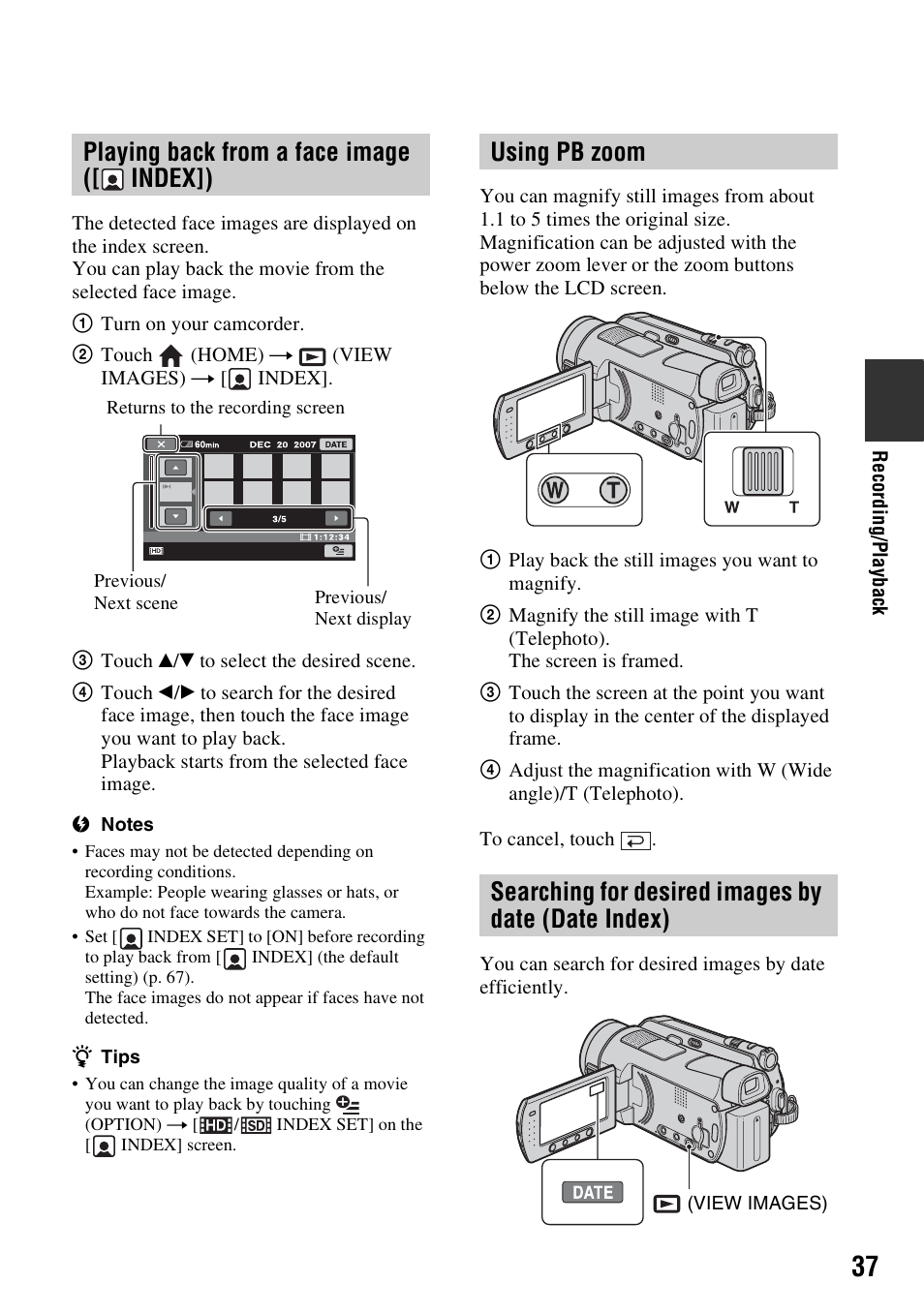 Playing back from a face image ([face index]), Using pb zoom, Searching for desired images by date (date index) | Playing back from a face image, Index]), 37 searching for desired images by, Date (date index), Playing back from a face image ([ index]) | Sony HDR-SR5 User Manual | Page 37 / 118