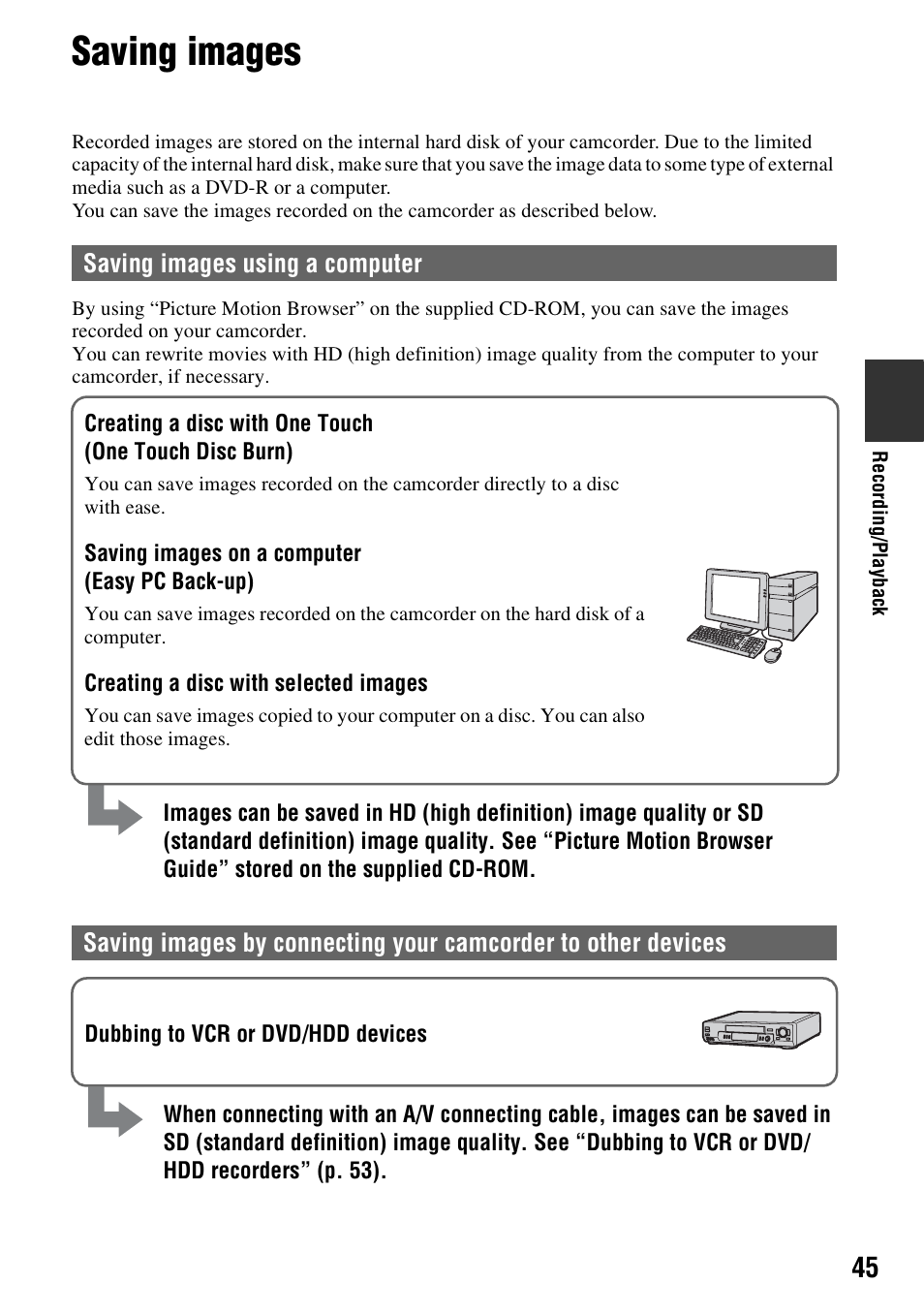 Saving images, P. 45), Saving images using a computer | Sony HDR-SR5 User Manual | Page 45 / 118