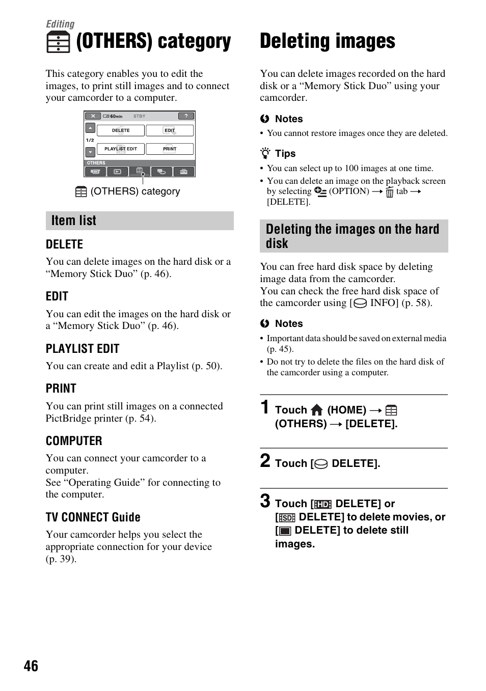 Editing, Others) category, Deleting images | P. 46), Item list, Deleting the images on the hard disk | Sony HDR-SR5 User Manual | Page 46 / 118