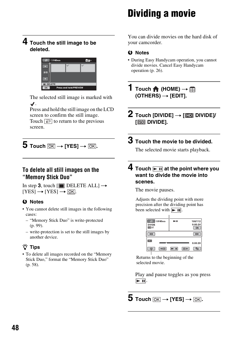 Dividing a movie | Sony HDR-SR5 User Manual | Page 48 / 118