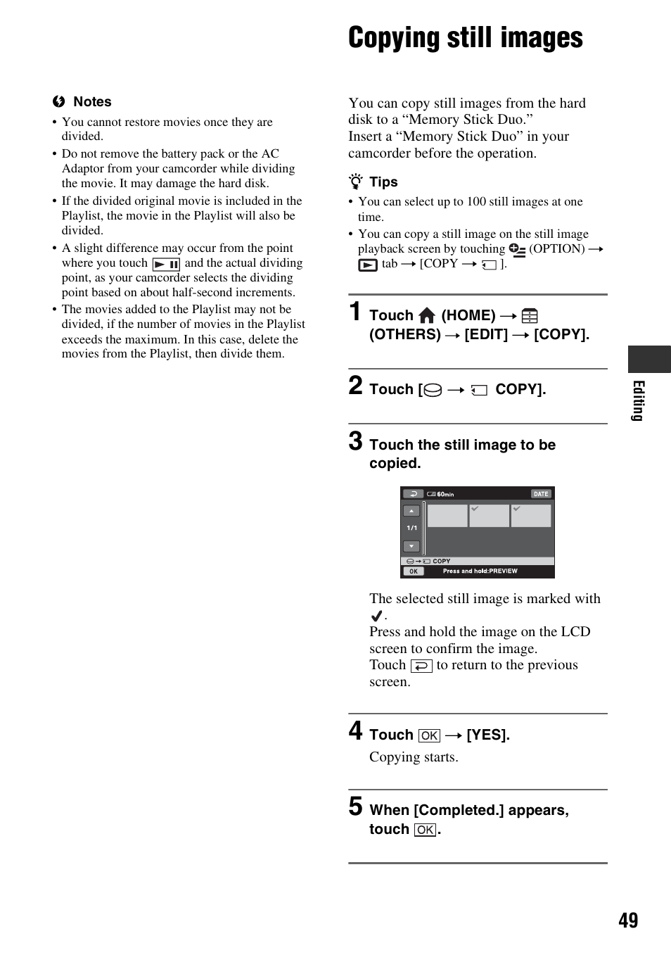 Copying still images | Sony HDR-SR5 User Manual | Page 49 / 118