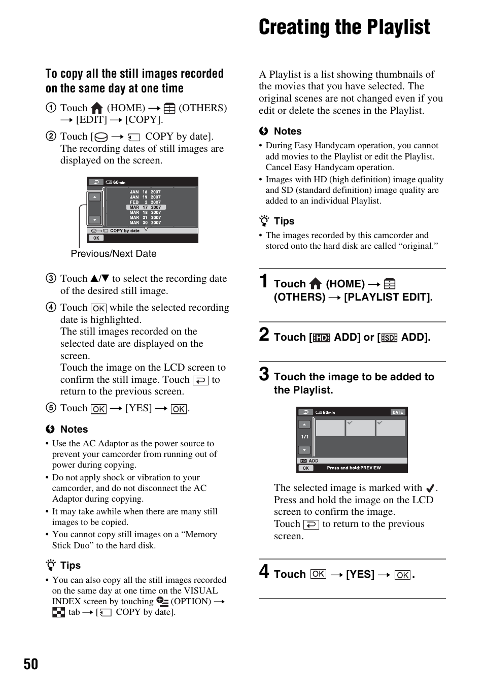 Creating the playlist, P. 50) | Sony HDR-SR5 User Manual | Page 50 / 118