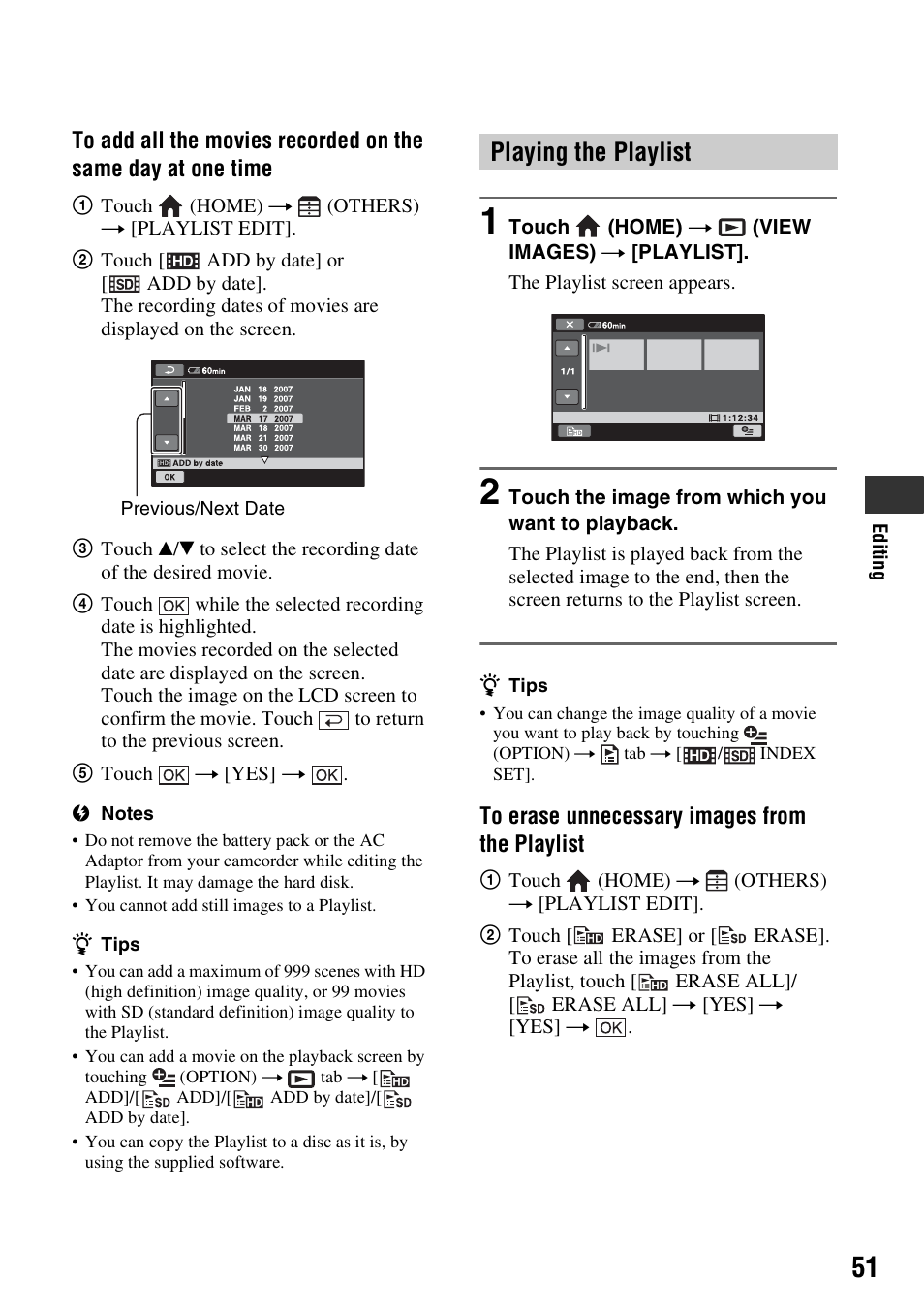 Playing the playlist | Sony HDR-SR5 User Manual | Page 51 / 118