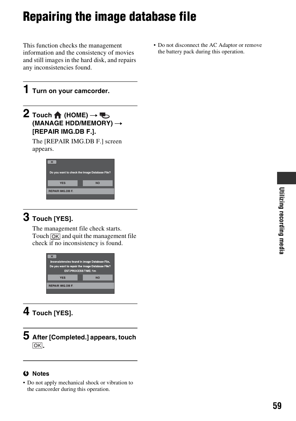Repairing the image database file, Sk (p. 59) | Sony HDR-SR5 User Manual | Page 59 / 118