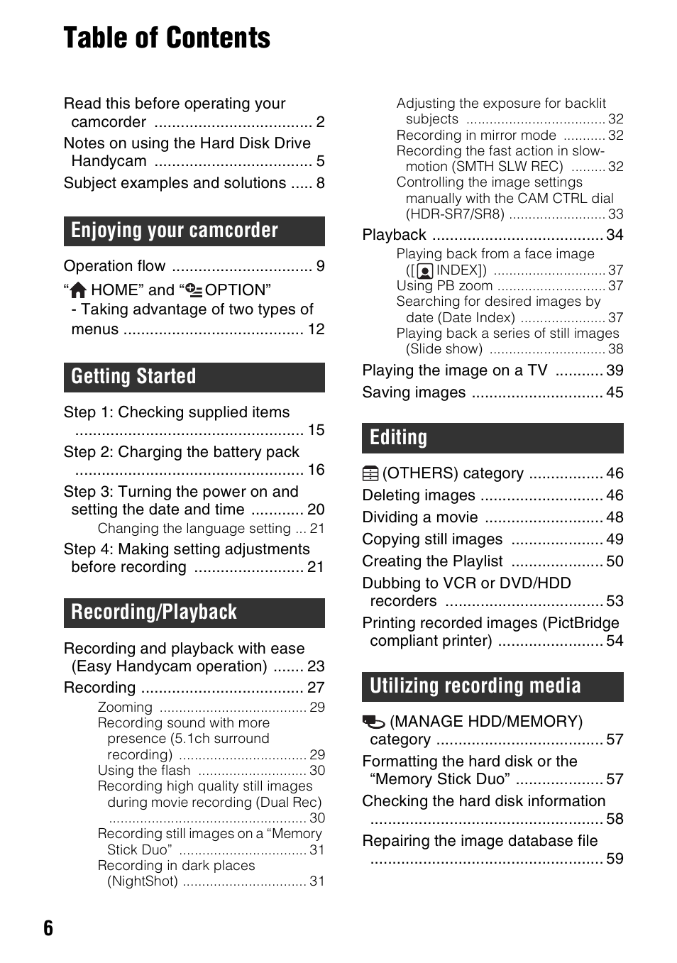Sony HDR-SR5 User Manual | Page 6 / 118