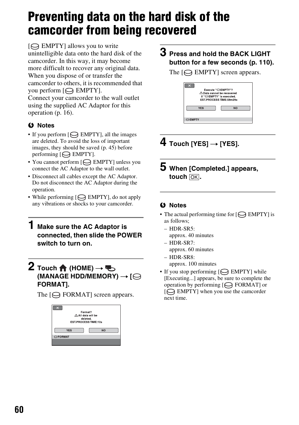 P. 60), Preventing data on the hard disk of, The camcorder from being recovered | Sony HDR-SR5 User Manual | Page 60 / 118