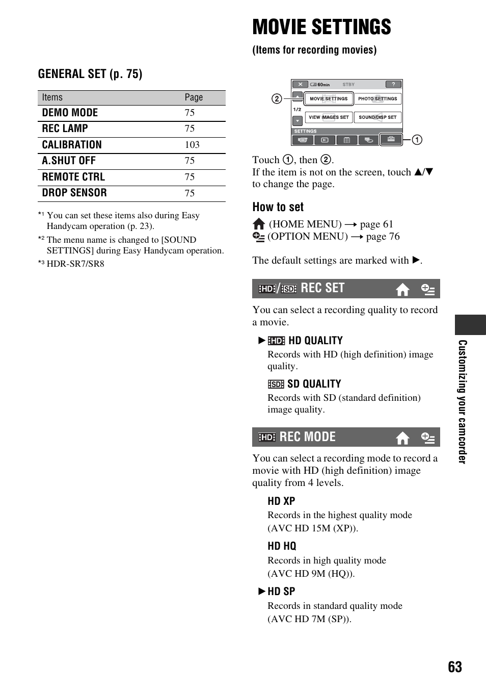 Movie settings (items for recording movies), Movie settings, Items for recording movies) | P. 63, Rec set rec mode | Sony HDR-SR5 User Manual | Page 63 / 118