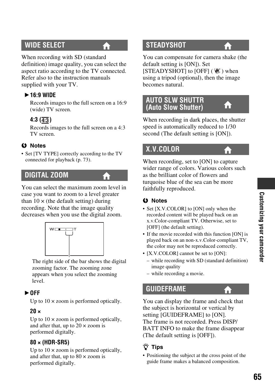 P. 65), Wide select digital zoom | Sony HDR-SR5 User Manual | Page 65 / 118