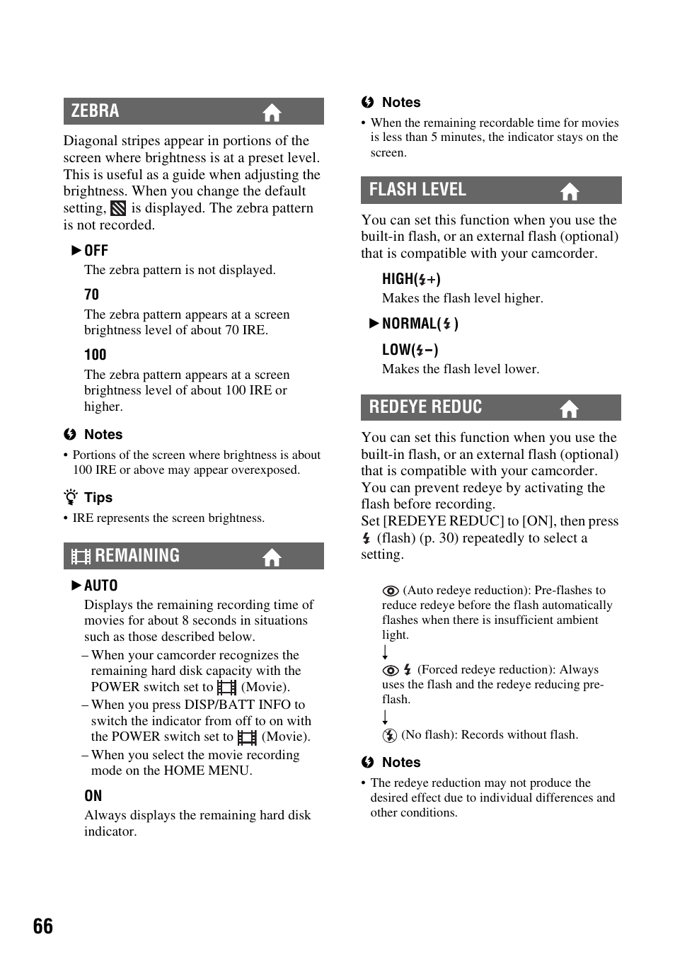 Zebra remaining flash level redeye reduc | Sony HDR-SR5 User Manual | Page 66 / 118