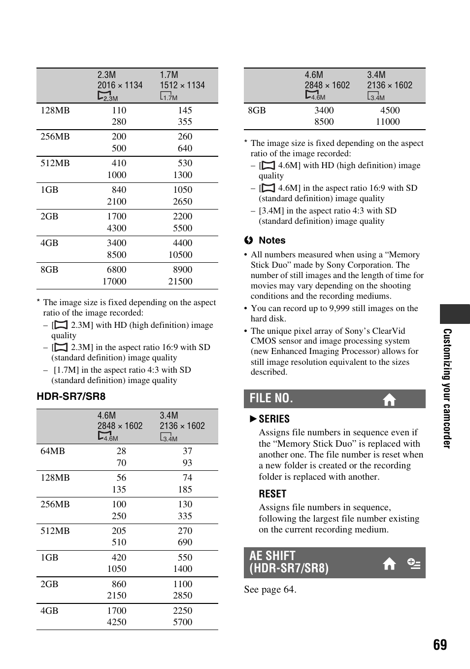 File no. ae shift (hdr-sr7/sr8) | Sony HDR-SR5 User Manual | Page 69 / 118
