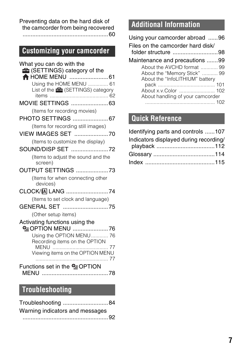 Sony HDR-SR5 User Manual | Page 7 / 118