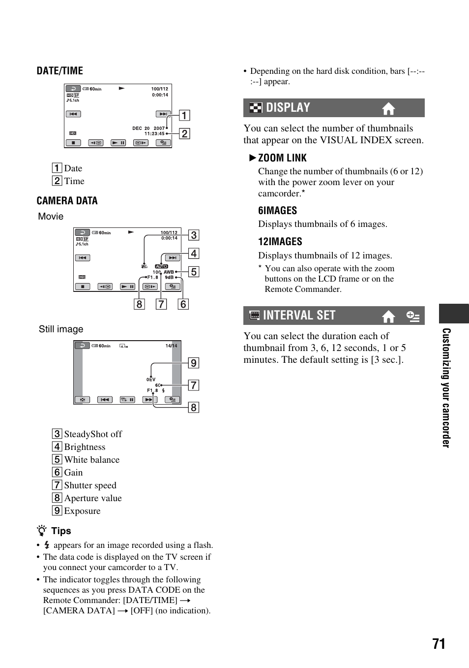 Display, Interval set | Sony HDR-SR5 User Manual | Page 71 / 118