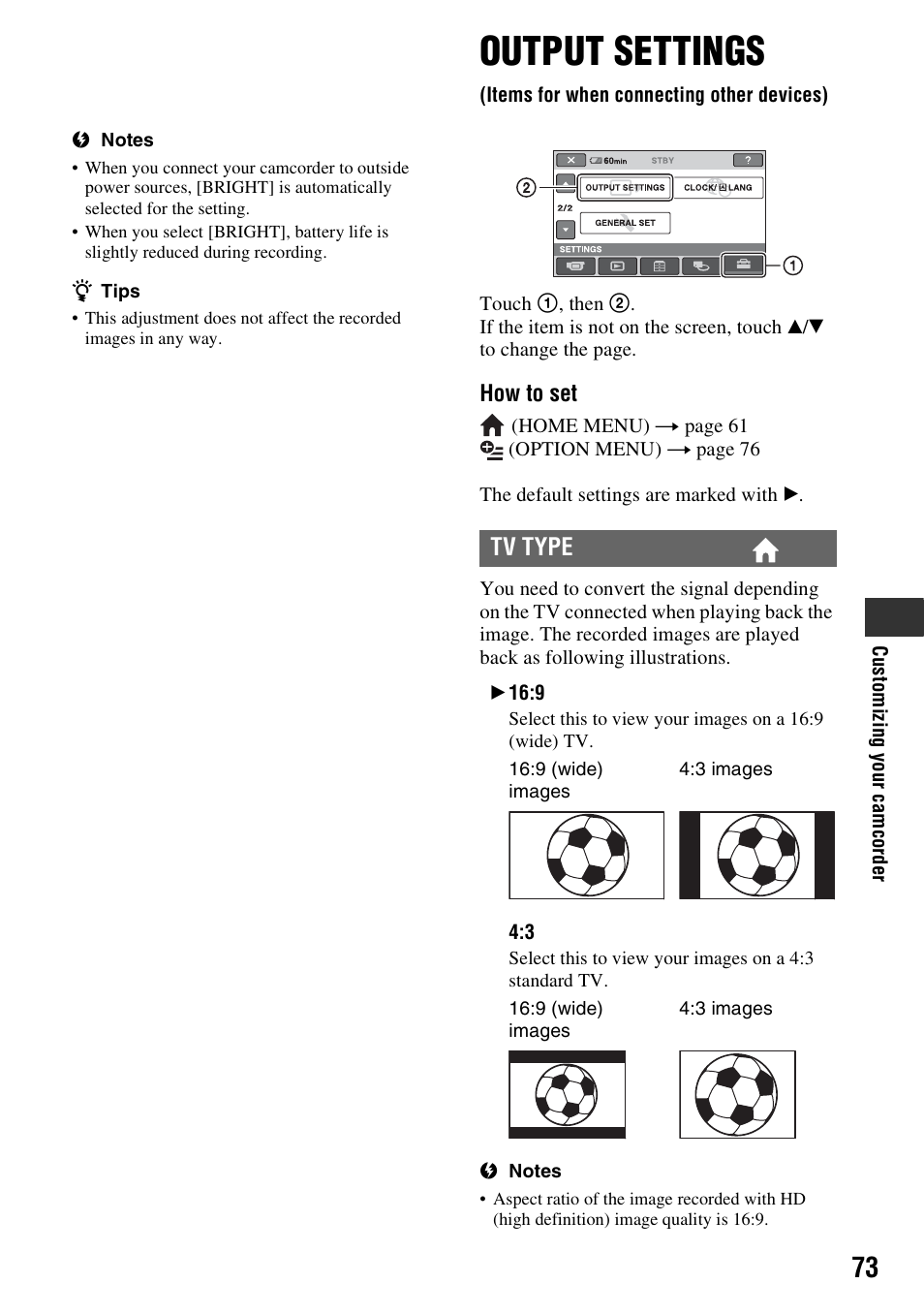 Output settings, Items for when connecting other, Devices) | P. 73), Tv type | Sony HDR-SR5 User Manual | Page 73 / 118
