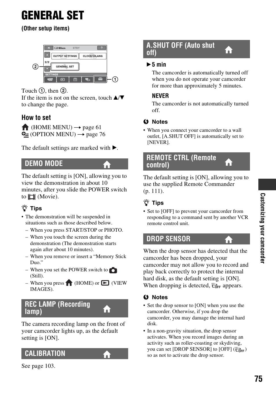 General set (other setup items), P. 75, General set | Other setup items), P. 75), Demo mode rec lamp (recording lamp) calibration | Sony HDR-SR5 User Manual | Page 75 / 118