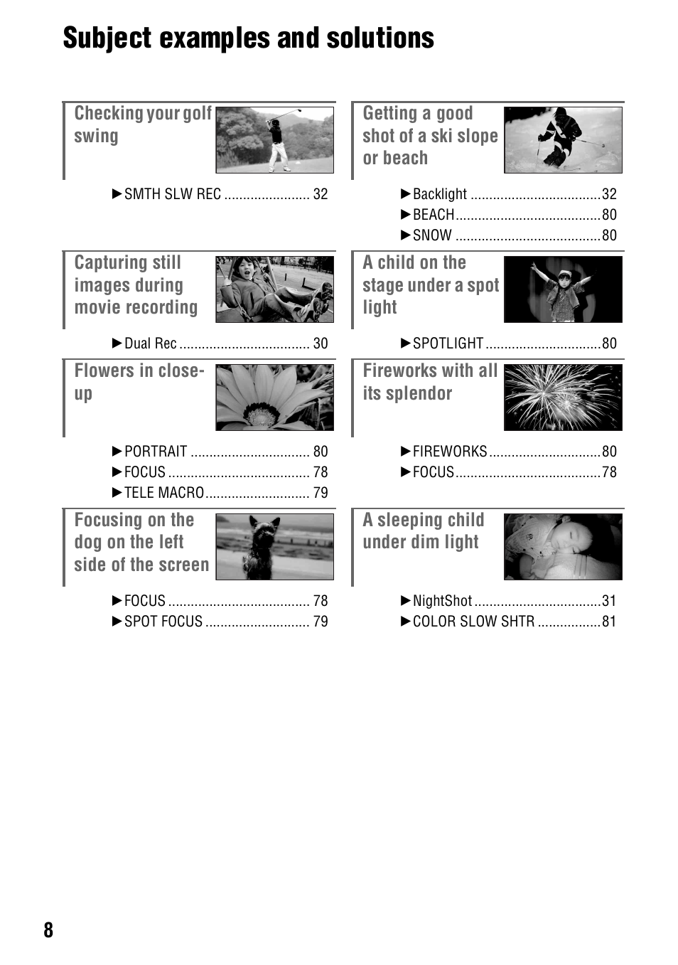 Subject examples and solutions | Sony HDR-SR5 User Manual | Page 8 / 118