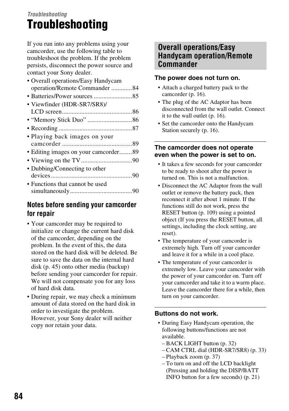 Troubleshooting | Sony HDR-SR5 User Manual | Page 84 / 118