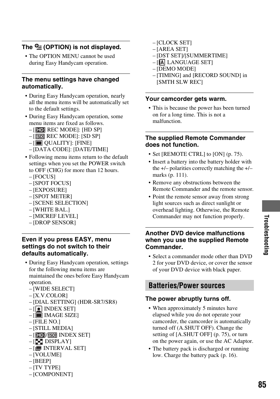 P. 85), Batteries/power sources | Sony HDR-SR5 User Manual | Page 85 / 118