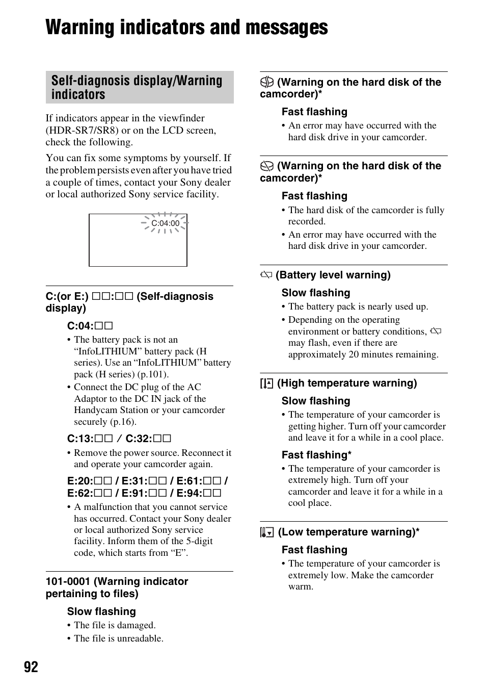 Warning indicators and messages, P. 92), Self-diagnosis display/warning indicators | Sony HDR-SR5 User Manual | Page 92 / 118