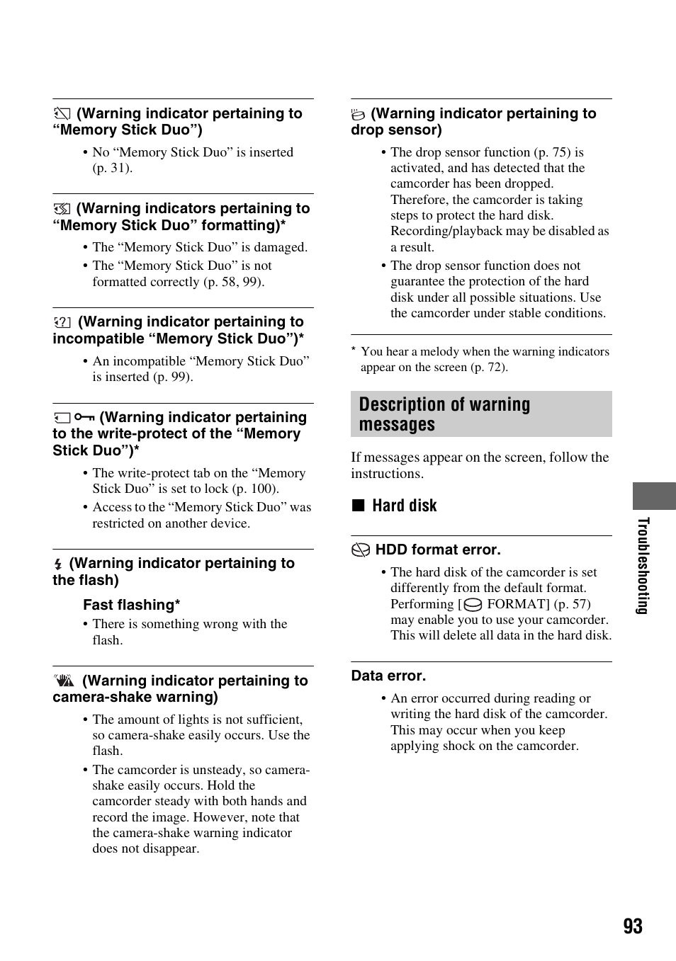Description of warning messages | Sony HDR-SR5 User Manual | Page 93 / 118