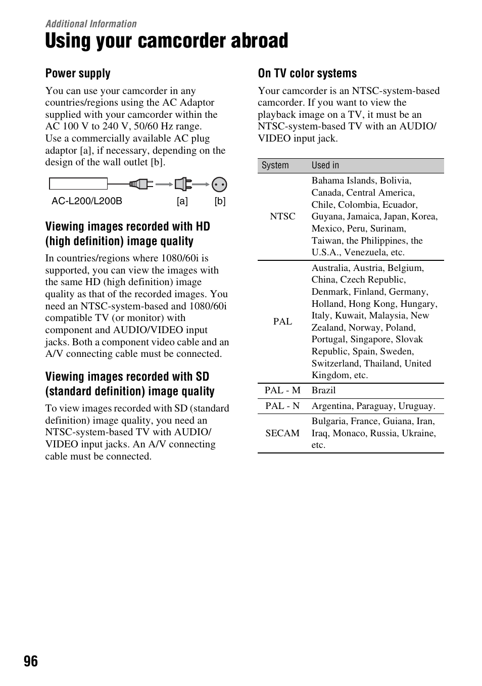 Additional information, Using your camcorder abroad, Additional | Information | Sony HDR-SR5 User Manual | Page 96 / 118