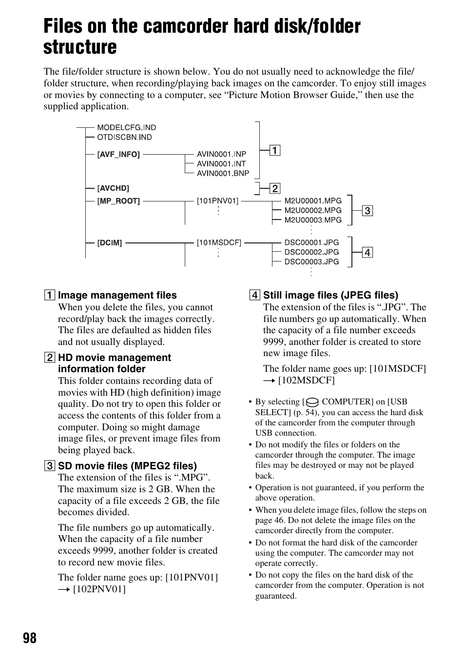 Files on the camcorder hard disk/folder structure, Files on the camcorder hard disk, Folder structure | Sony HDR-SR5 User Manual | Page 98 / 118