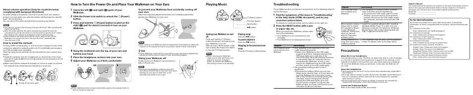 Playing music, Troubleshooting, Precautions | For the latest information, Turning your walkman on and off, Playing songs, Skipping to the previous/next song, Adjust your walkman so it feels comfortable, Hint, Taking your walkman off | Sony NWZ-W274SBLK User Manual | Page 2 / 2