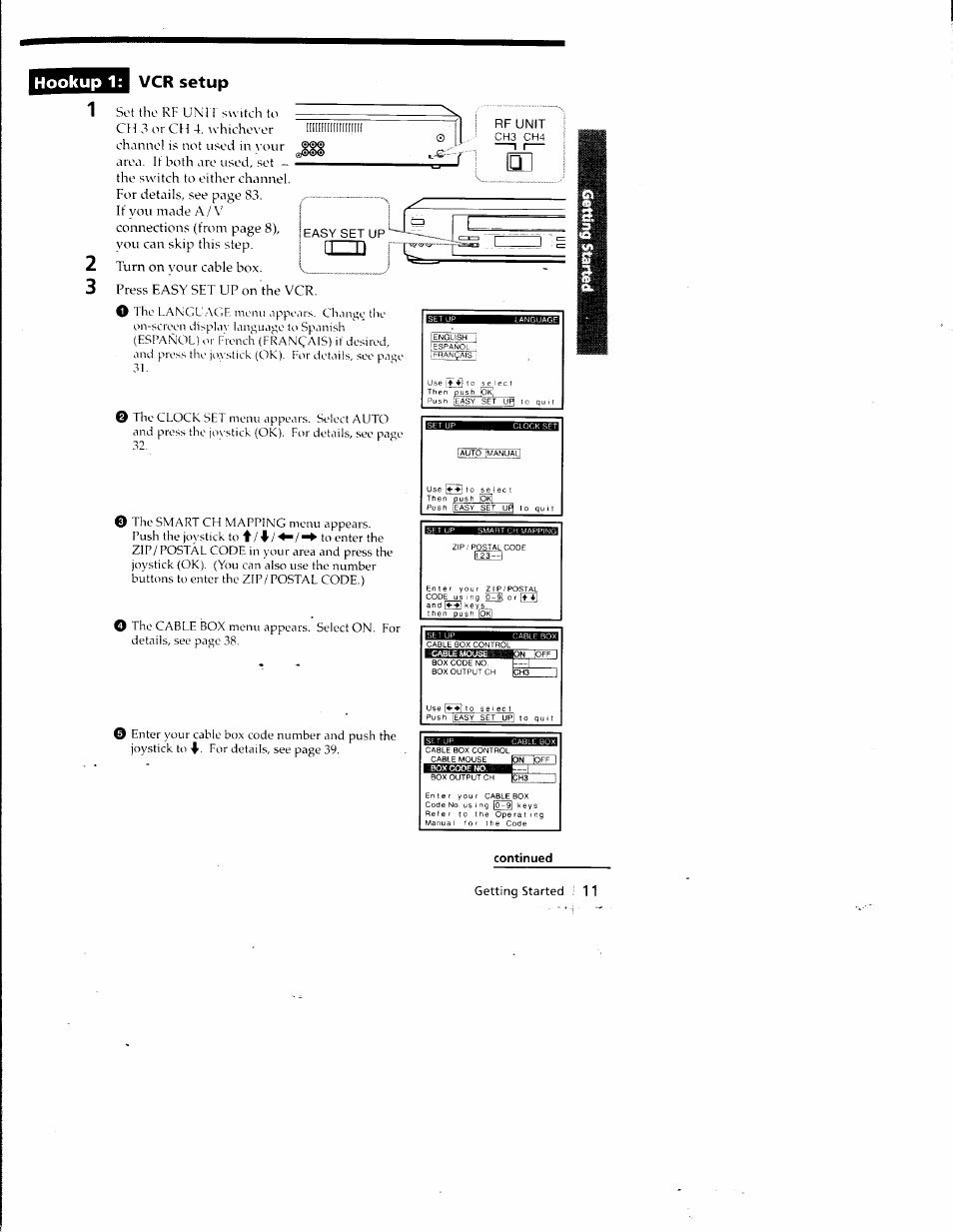 Continued, Hookup 1: vcr setup, Ifiimiimm | Push jok'i | Sony SLV-798HF User Manual | Page 10 / 94