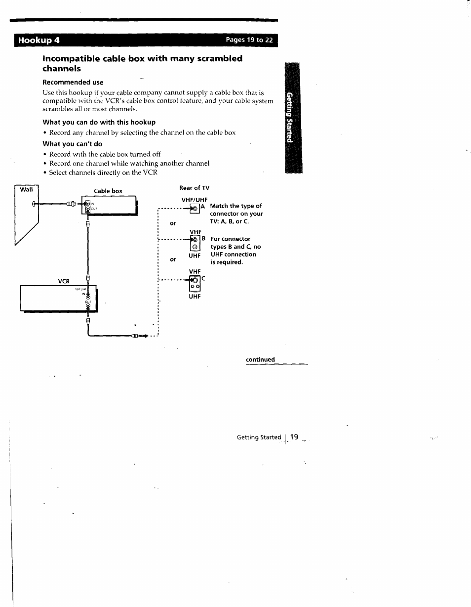 Cable box, Rear of tv vhf/uhf, Continued | Sony SLV-798HF User Manual | Page 18 / 94