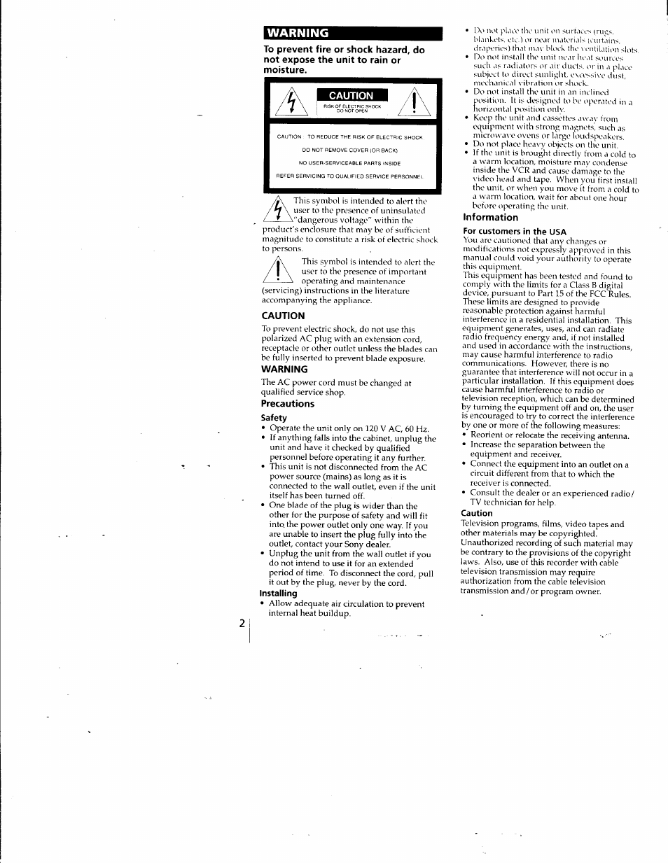 Warning, Caution, Precautions | Information | Sony SLV-798HF User Manual | Page 2 / 94
