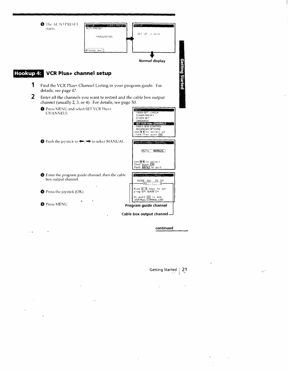 Continued, Hookup 4: vcr plus+ channel setup | Sony SLV-798HF User Manual | Page 20 / 94