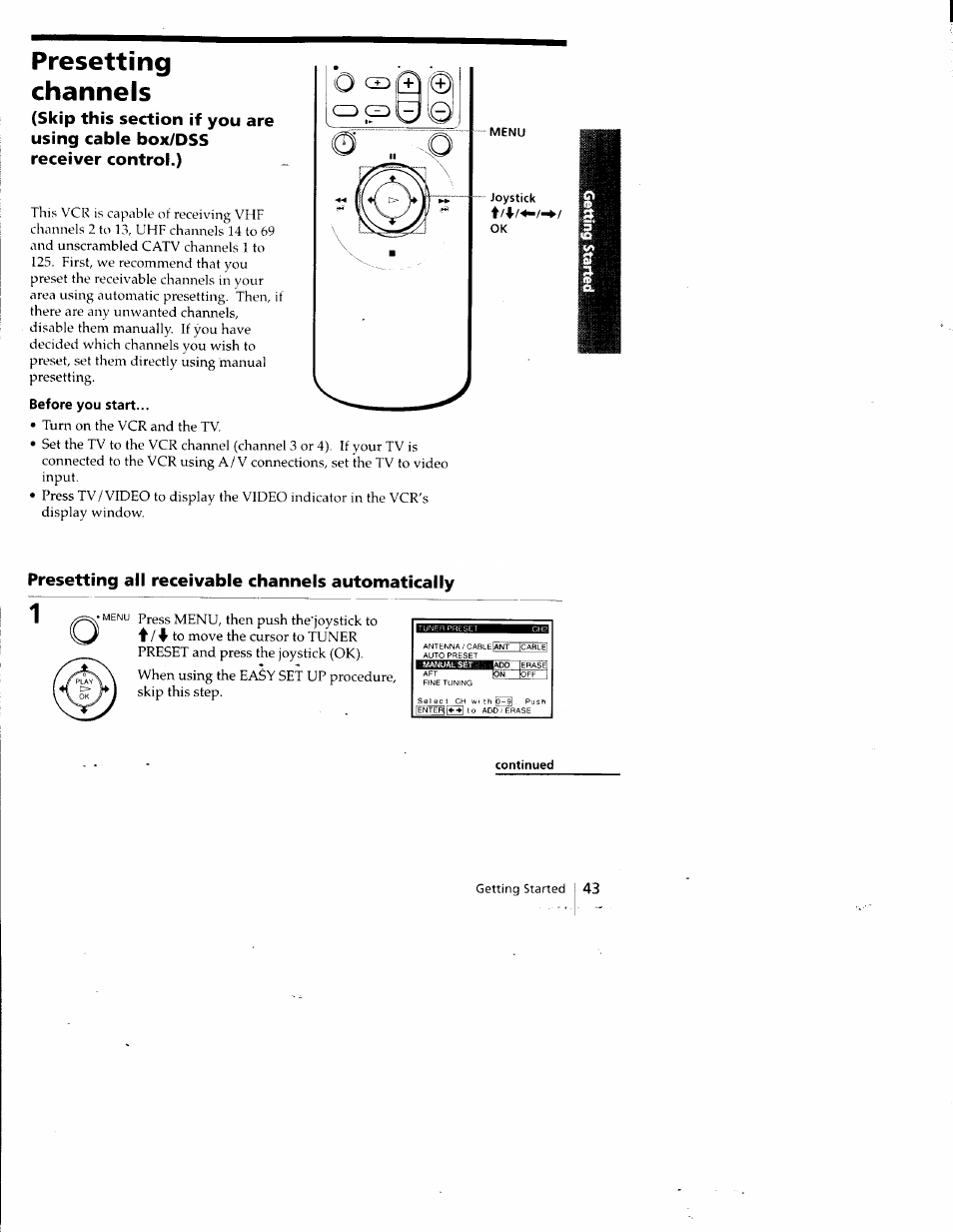 Presetting, Channels, Before you start | Presetting channels | Sony SLV-798HF User Manual | Page 42 / 94