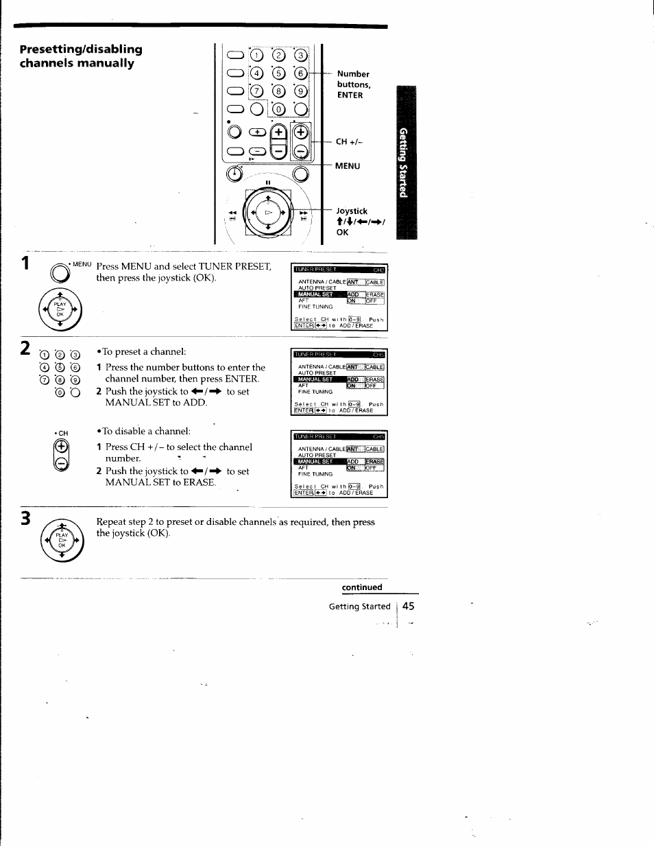 Continued, Presetting/disabiing channels manually | Sony SLV-798HF User Manual | Page 44 / 94