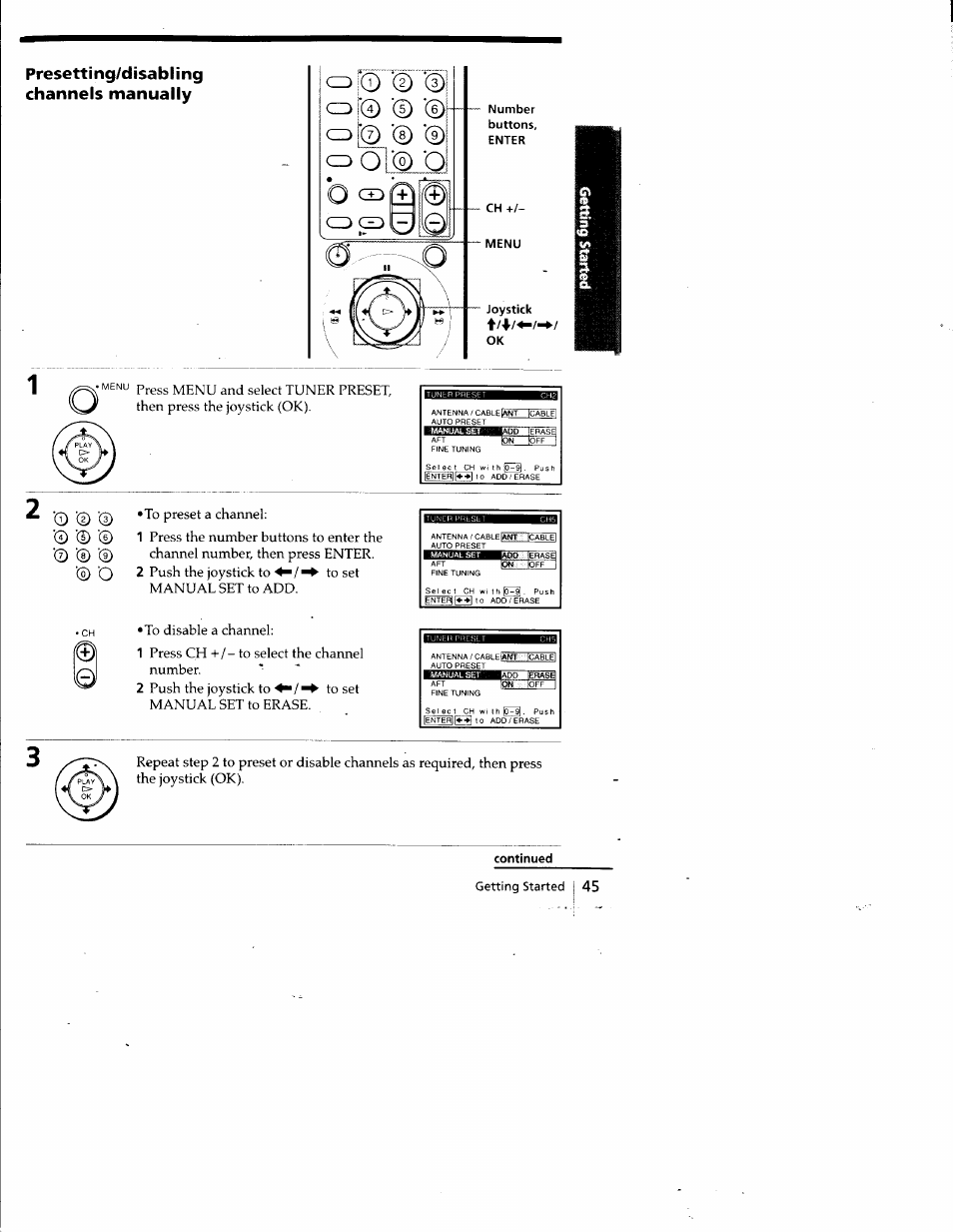 Continued, Presetting/disabling channels manually | Sony SLV-798HF User Manual | Page 46 / 94