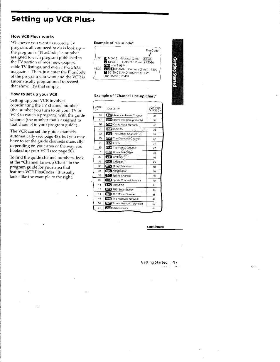 Setting up vcr plus, Example of "pluscode, Continued | Ejel, How vcr plus+ works, How to set up your vcr | Sony SLV-798HF User Manual | Page 48 / 94