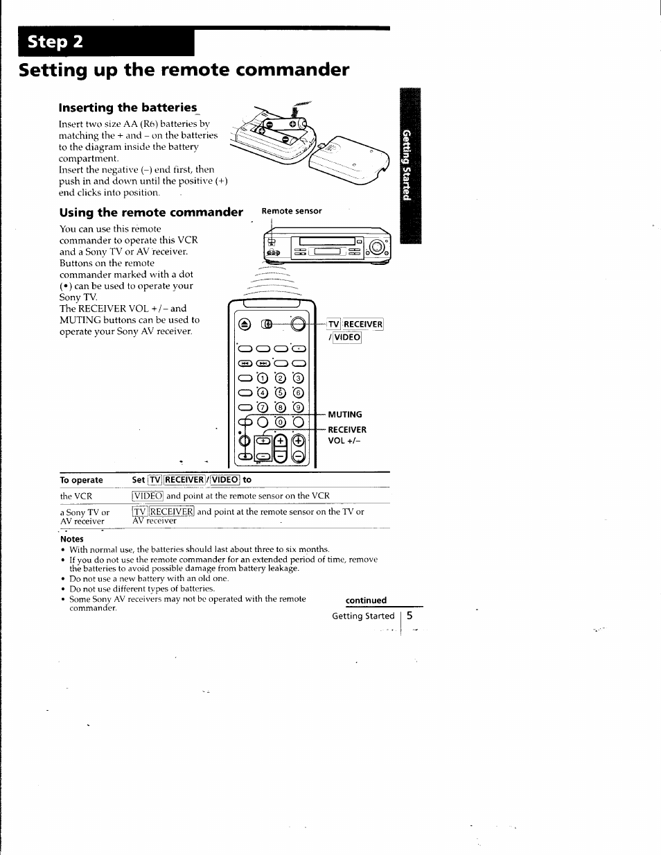 Setting up the remote commander, Remote sensor, Tv receiver | Video, Muting, Receiver vol, Continued, Step 2 | Sony SLV-798HF User Manual | Page 5 / 94