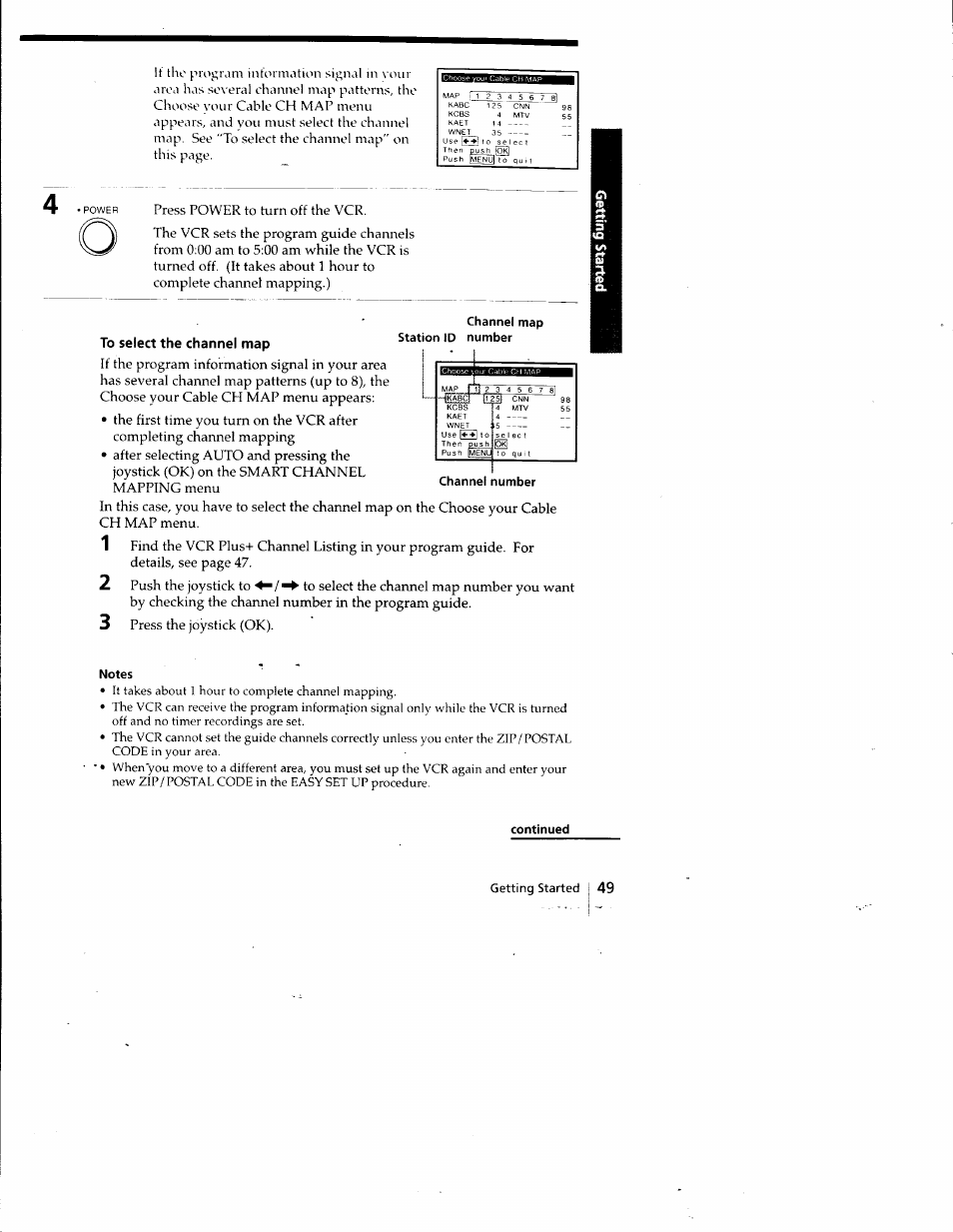 Channel map, Notes, Continued | Sony SLV-798HF User Manual | Page 50 / 94