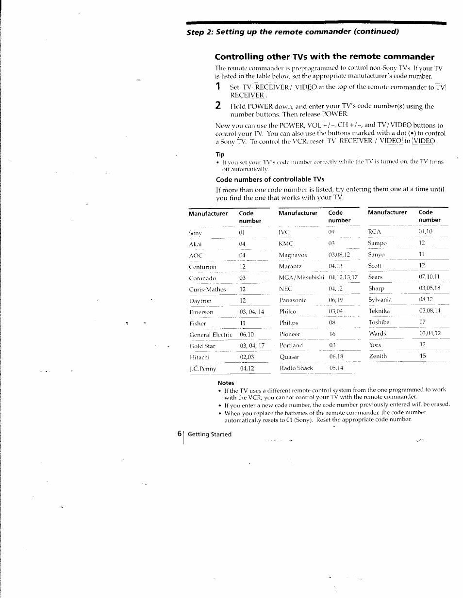 Manufacturer, Code, Notes | Sony SLV-798HF User Manual | Page 6 / 94