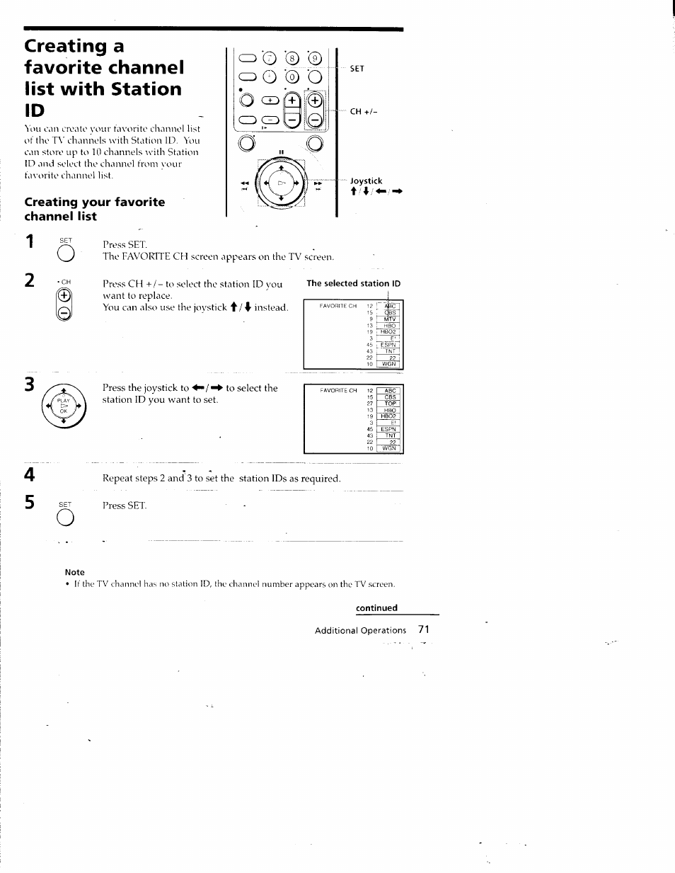 Creating your favorite channel list, Joystick, Note | Continued, Creating a favorite channel list with station id | Sony SLV-798HF User Manual | Page 70 / 94