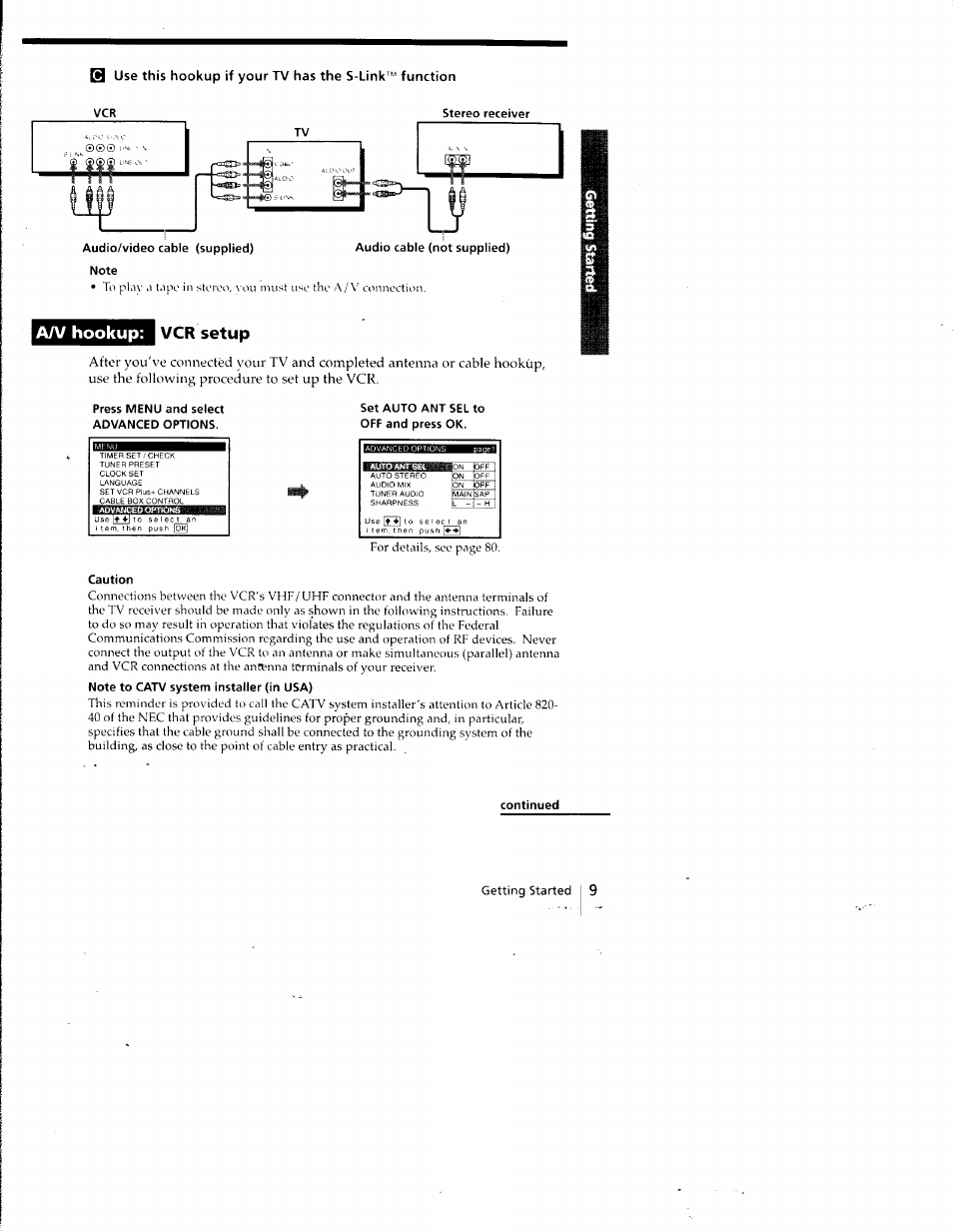 Press menu and select advanced options, Set auto ant selto off and press ok, Caution | Continued, Hookup: vcr setup | Sony SLV-798HF User Manual | Page 8 / 94