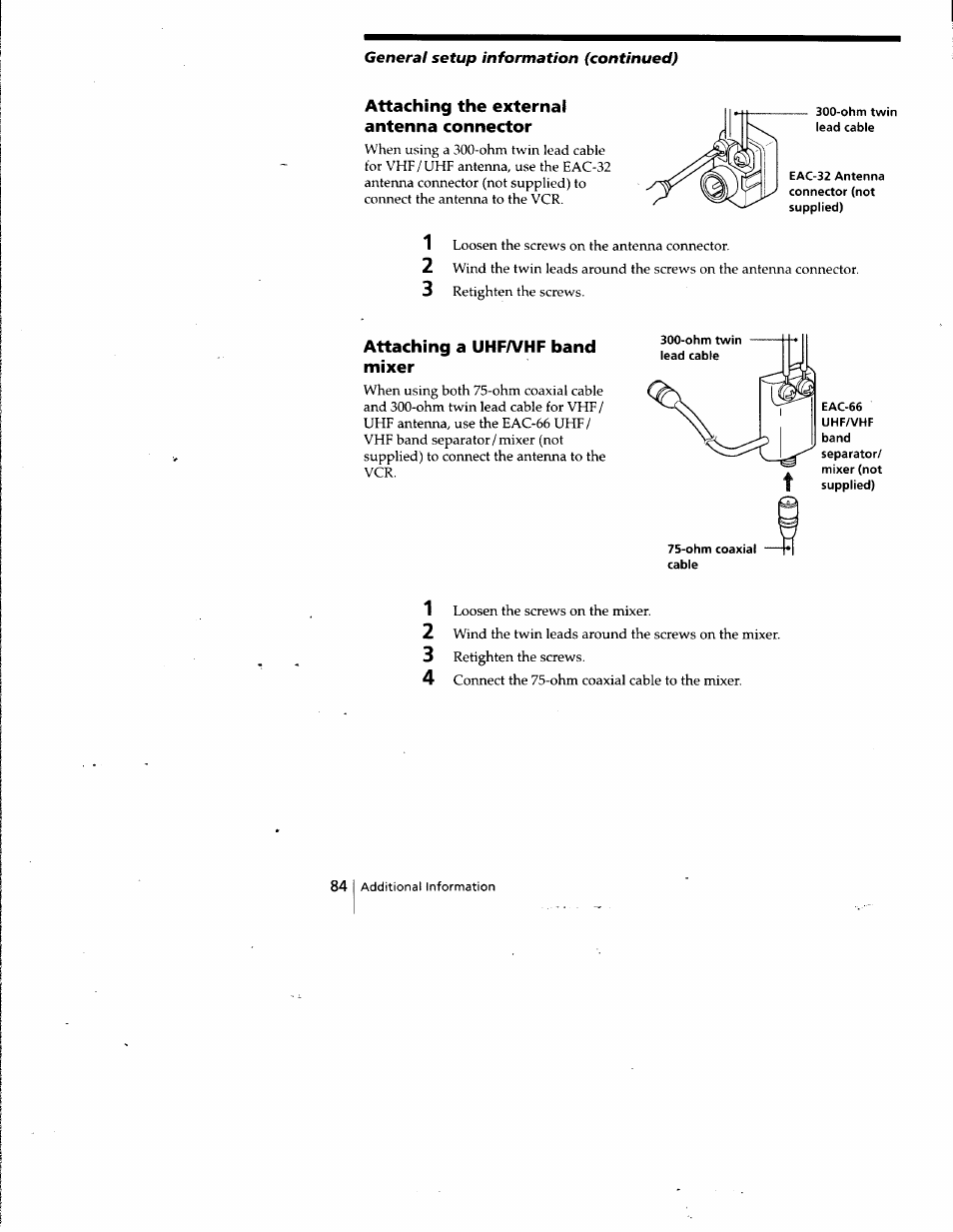 Attaching the external antenna connector, Attaching a uhfa/hf band mixer, Ohm coaxial cable | Sony SLV-798HF User Manual | Page 83 / 94