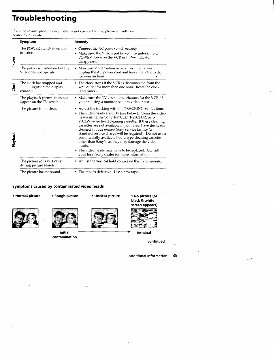 Symptoms caused by contaminated video heads, Normal picture • rough picture • unclear picture, Initial | Terminal, Continued, Troubleshooting | Sony SLV-798HF User Manual | Page 84 / 94