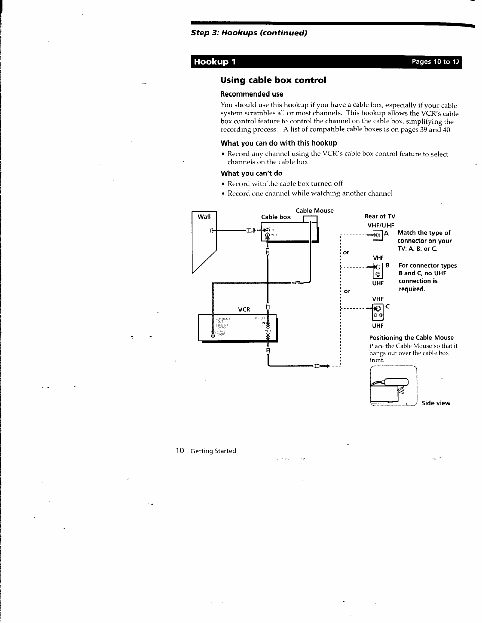 Cable mouse, Hookup 1, Using cable box control | Sony SLV-798HF User Manual | Page 9 / 94