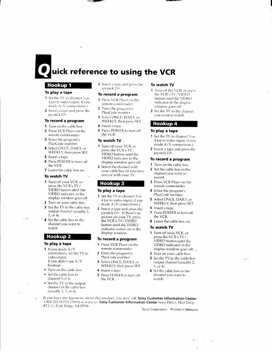 Uick reference to using the vcr, Hookup 1, Hookup 2 | Hookup 3, Hookup 4 | Sony SLV-798HF User Manual | Page 94 / 94